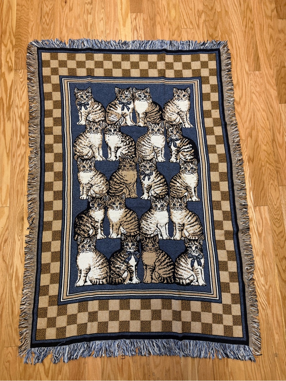 Blue and Tan Cat Pattern afghan Throw Blanket granny cottage core